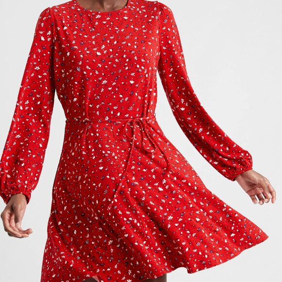 Red Banana Republic Factory Long Sleeve Belted Knit Fit and Flare Dress Size XS - Picture 2 of 9